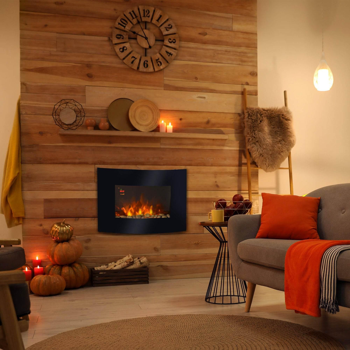 Wall-mounted electric fireplace with curved glass and glowing flame effect, black frame.