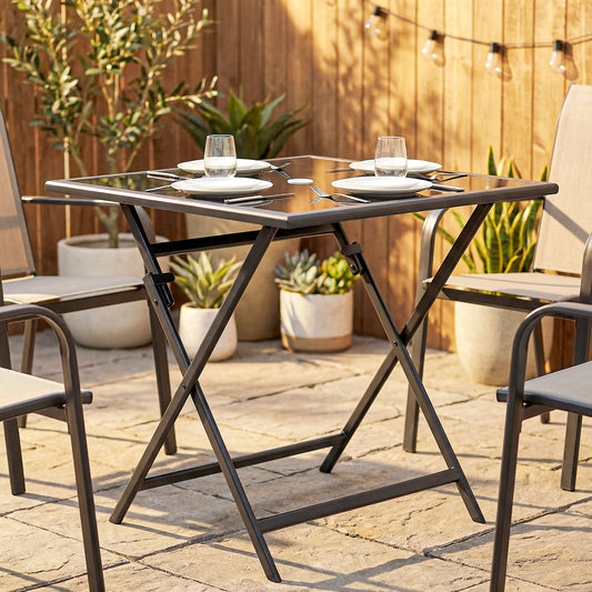 Outsunny Folding Outdoor Dining Table Square Garden Table With Tempered Glass Top Parasol Hole 70x70x70 cm