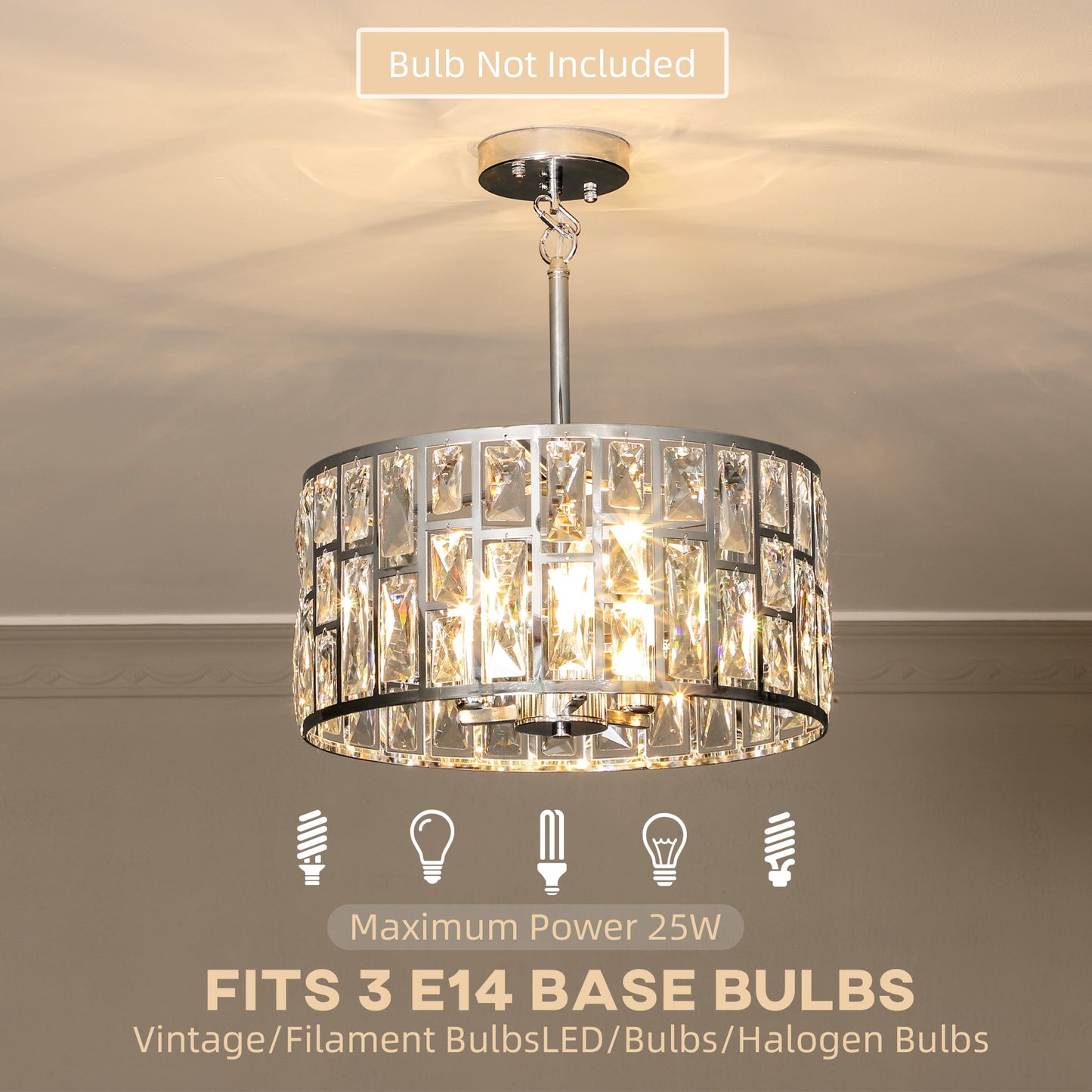HOMCOM 72 Glass Crystallite Chandelier in Silver Tone for Ceiling Mount and Hanging Pendant With Three Bulbs