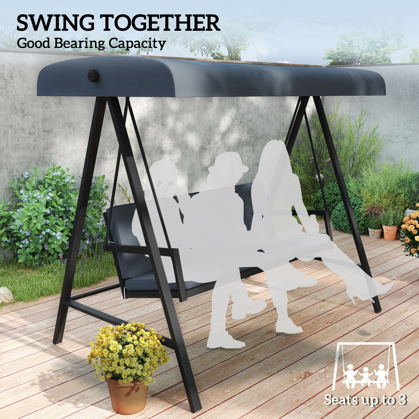 Outsunny Three Seat Garden Swing Chair with Adjustable Canopy Dark Gray Outdoor Patio Cushioned Bench for Three People