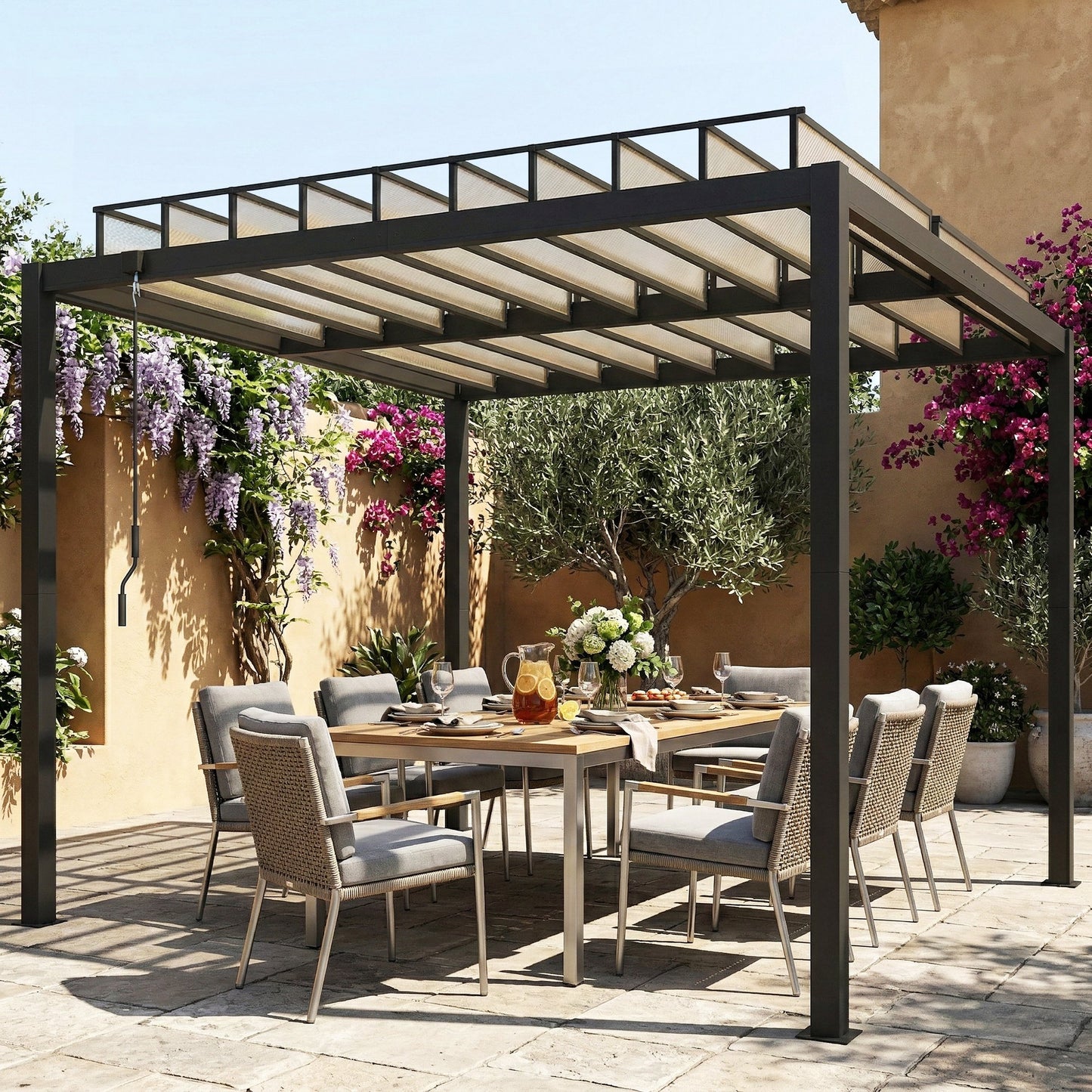 Outsunny 3x3 m Louvered Pergola With PC Roof Aluminium Patio Gazebo Canopy Drainage Gutters Coffee