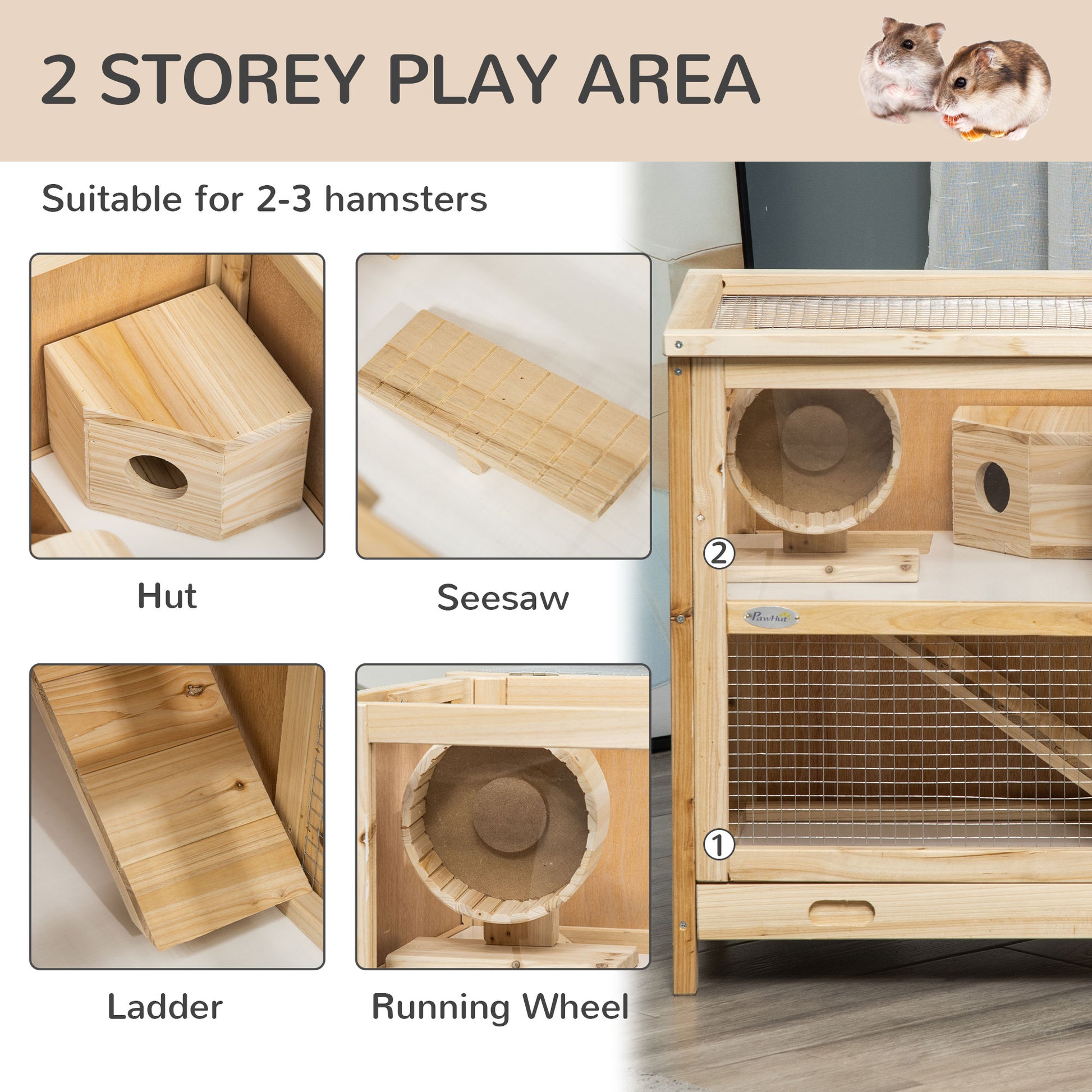 PawHut 2-Tier Wooden Hamster Habitat with Exercise Wheel and Easy-Clean Sliding Tray - ALL4U RETAILER LTD