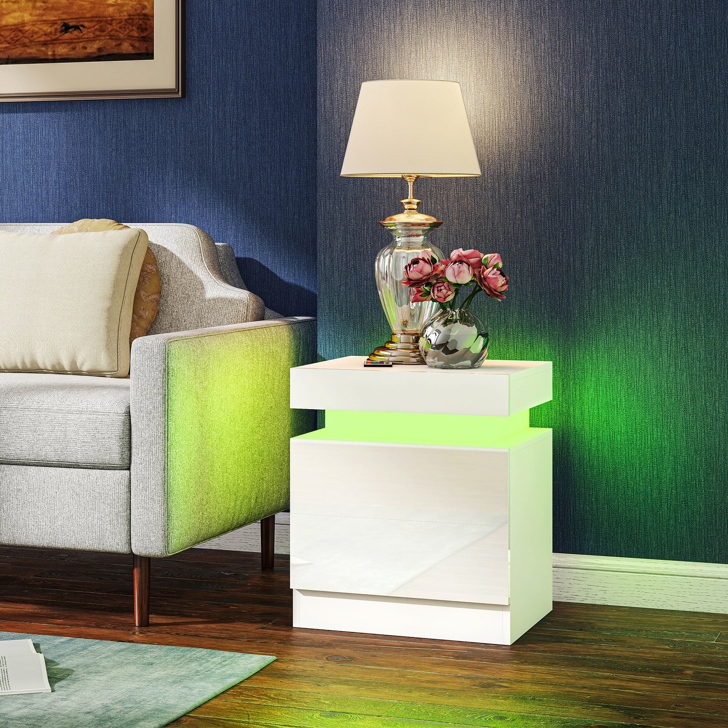 HOMCOM White Bedside Table With LED Light Set Of 2 Nightstand For Bedroom Living Room High Gloss Front And 2 Drawers