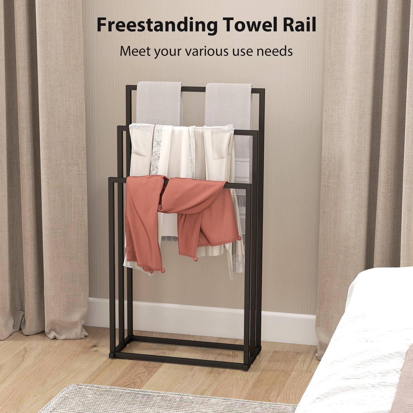 HOMCOM Freestanding Space Saving Steel Towel Rack With 3 Bars For Bathroom And Laundry Black