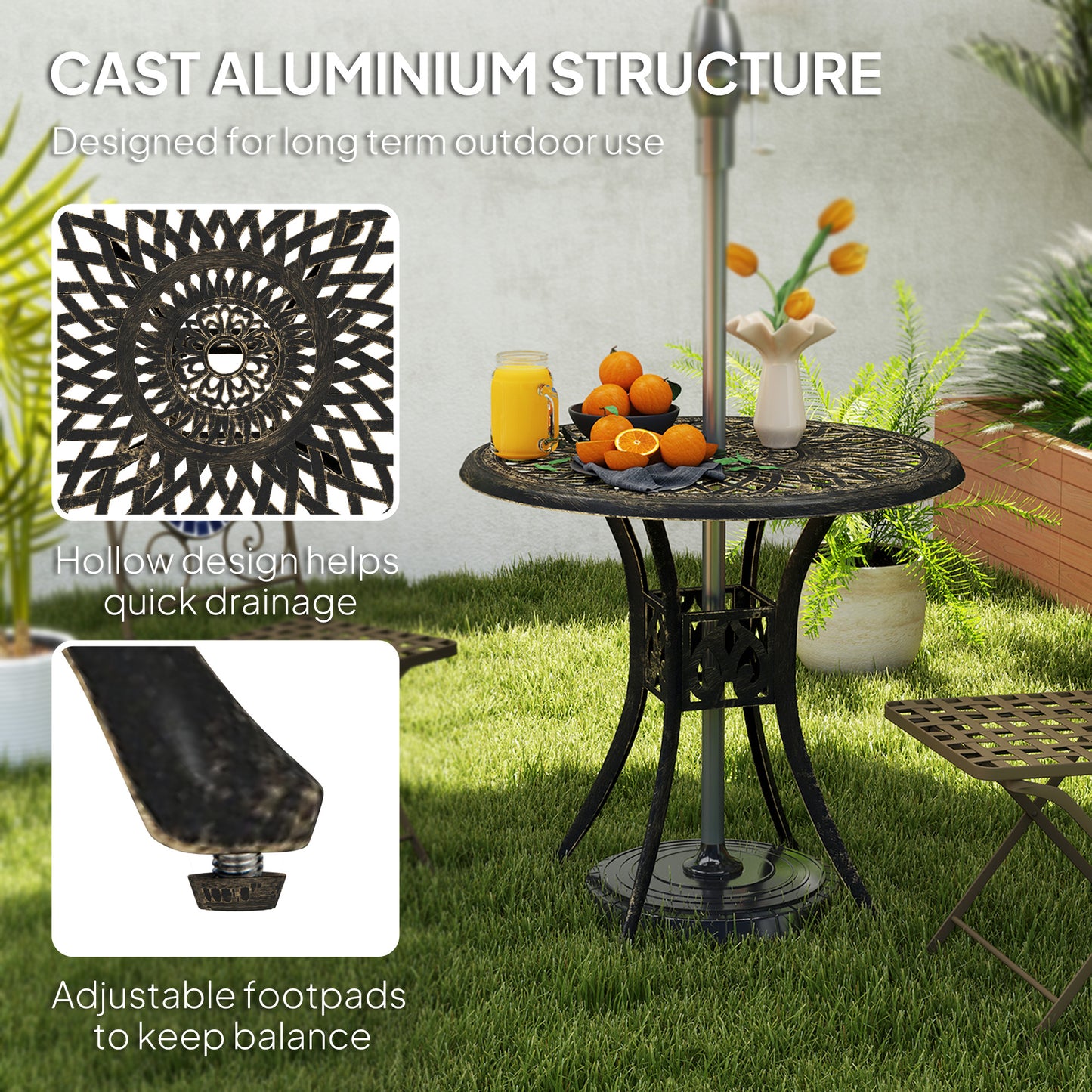 Outsunny 78 Cm Round Garden Dining Table With Parasol Hole Antique Cast Aluminium Bronze Tone Outdoor Table