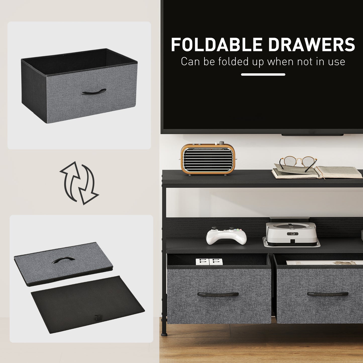 HOMCOM TV Stand Cabinet With Three Foldable Drawers Two Tone Design Black Finish