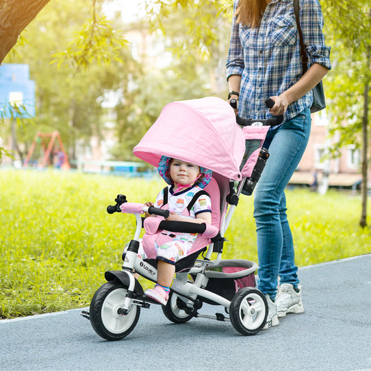 HOMCOM Transformable 4-in-1 Kids Trike with Canopy, Push Handle, and Safety Features - Pink - ALL4U RETAILER LTD