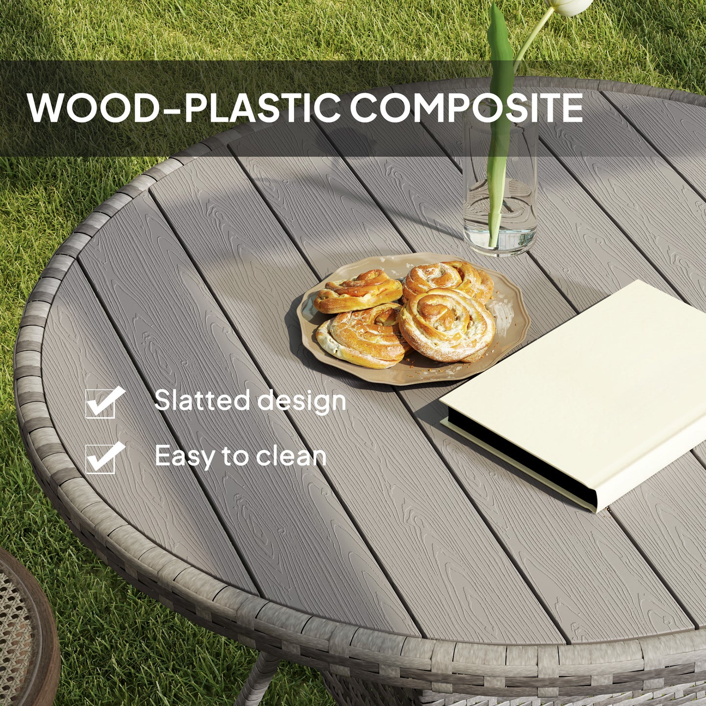 Outsunny 90 cm Wood Effect Rattan Garden Table With Galvanised Steel Frame Grey Outdoor Patio Furniture
