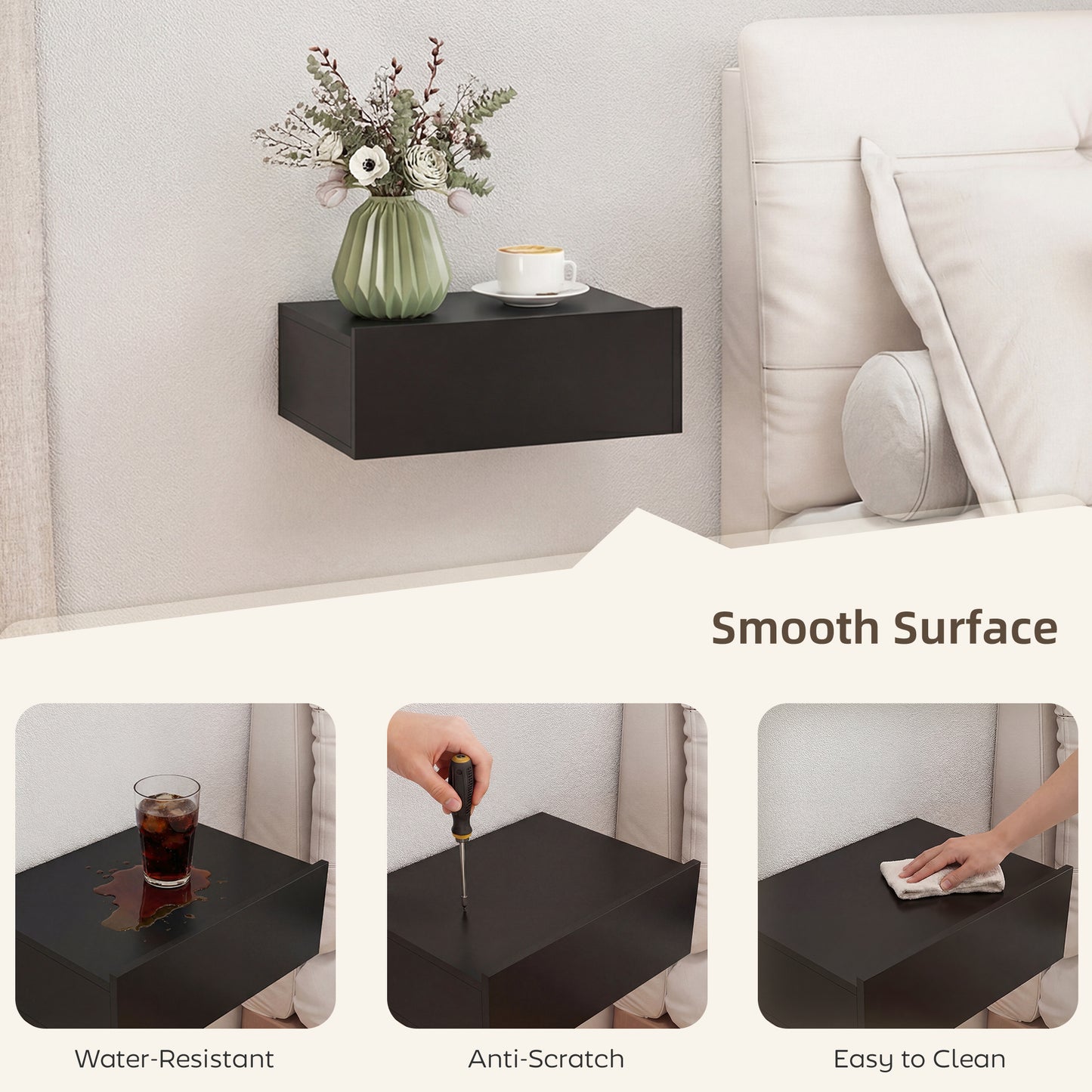 HOMCOM Floating Wall Mounted Bedside Tables Set of 2 with Storage Drawers in Black for Bedroom