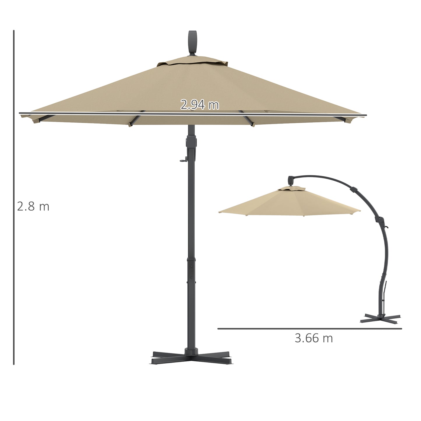 Outsunny 3M Garden Cantilever Parasol With Crank Round Umbrella Aluminium Frame Cross Base 360 Rotation Khaki