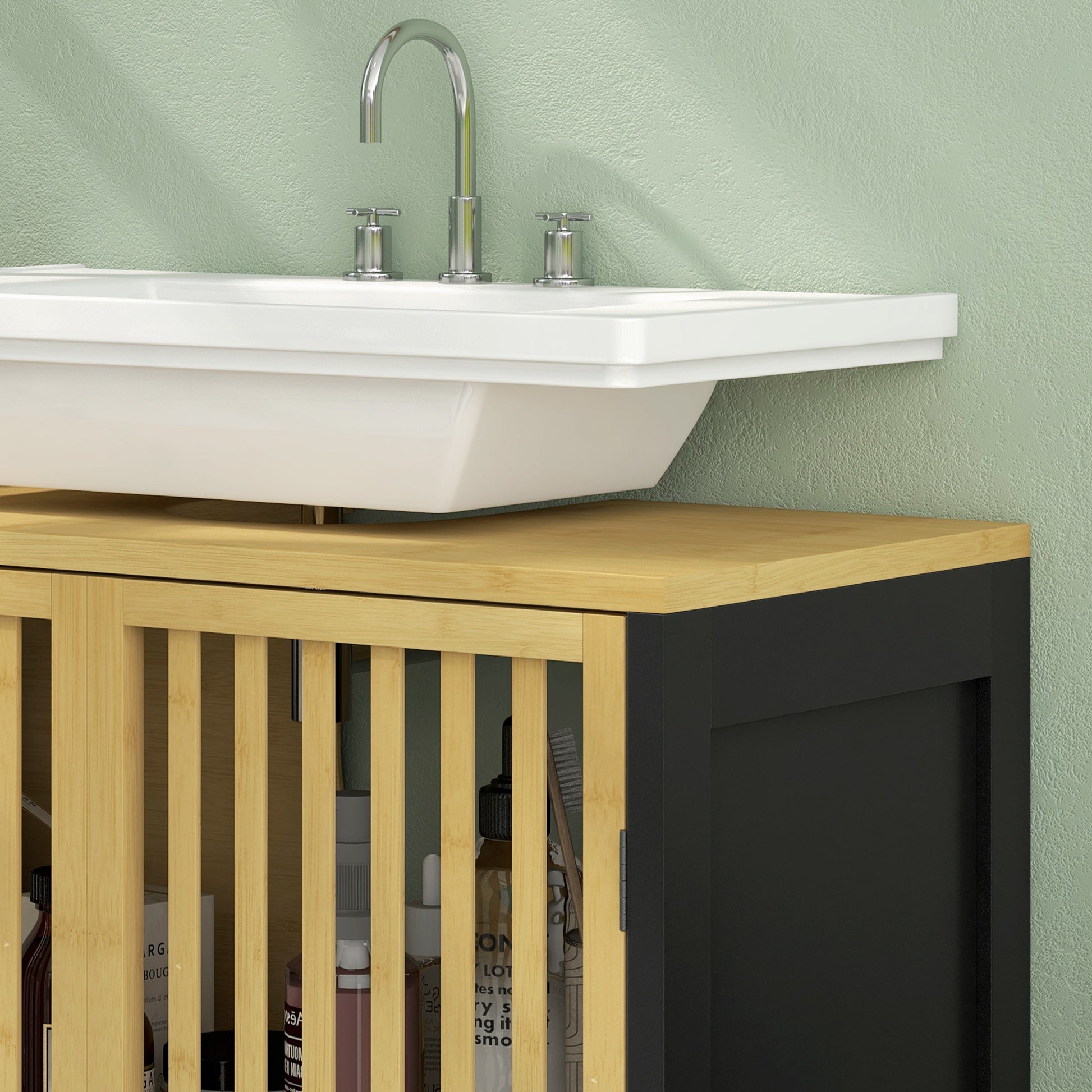 HOMCOM Bamboo Under Sink Storage Cabinet with Adjustable Shelf & U-Shape Slot - Bathroom Vanity Unit - ALL4U RETAILER LTD