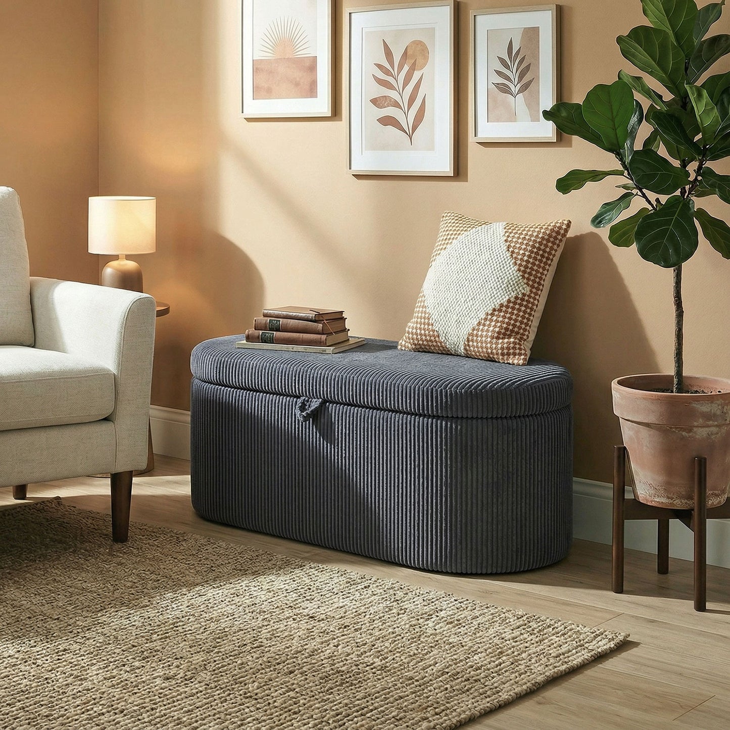 HOMCOM Storage Ottoman Corduroy Upholstered Storage Box With Padded Seat Dark Grey