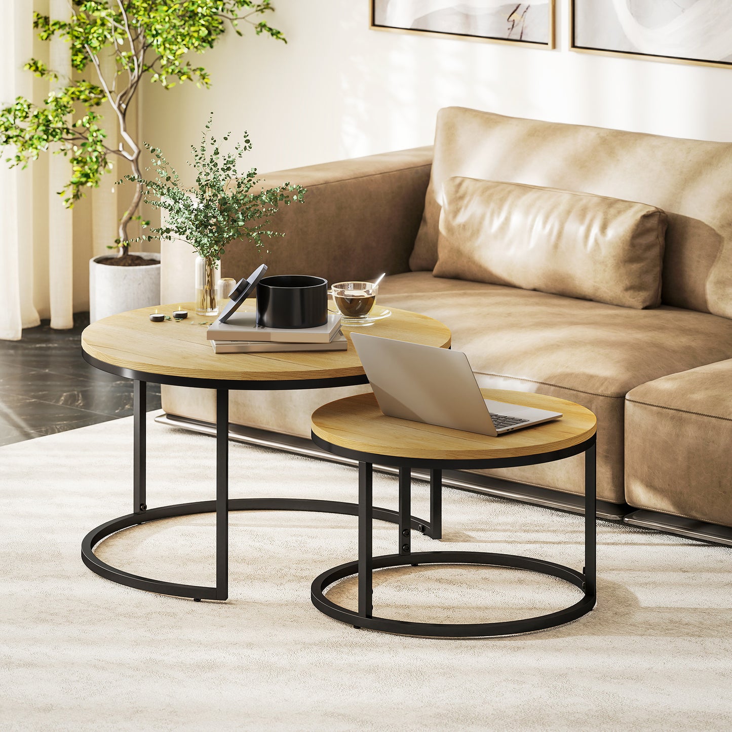 HOMCOM Wood Effect Nesting Tables Set of Two Natural Finish Stacking Side Tables for Living Room