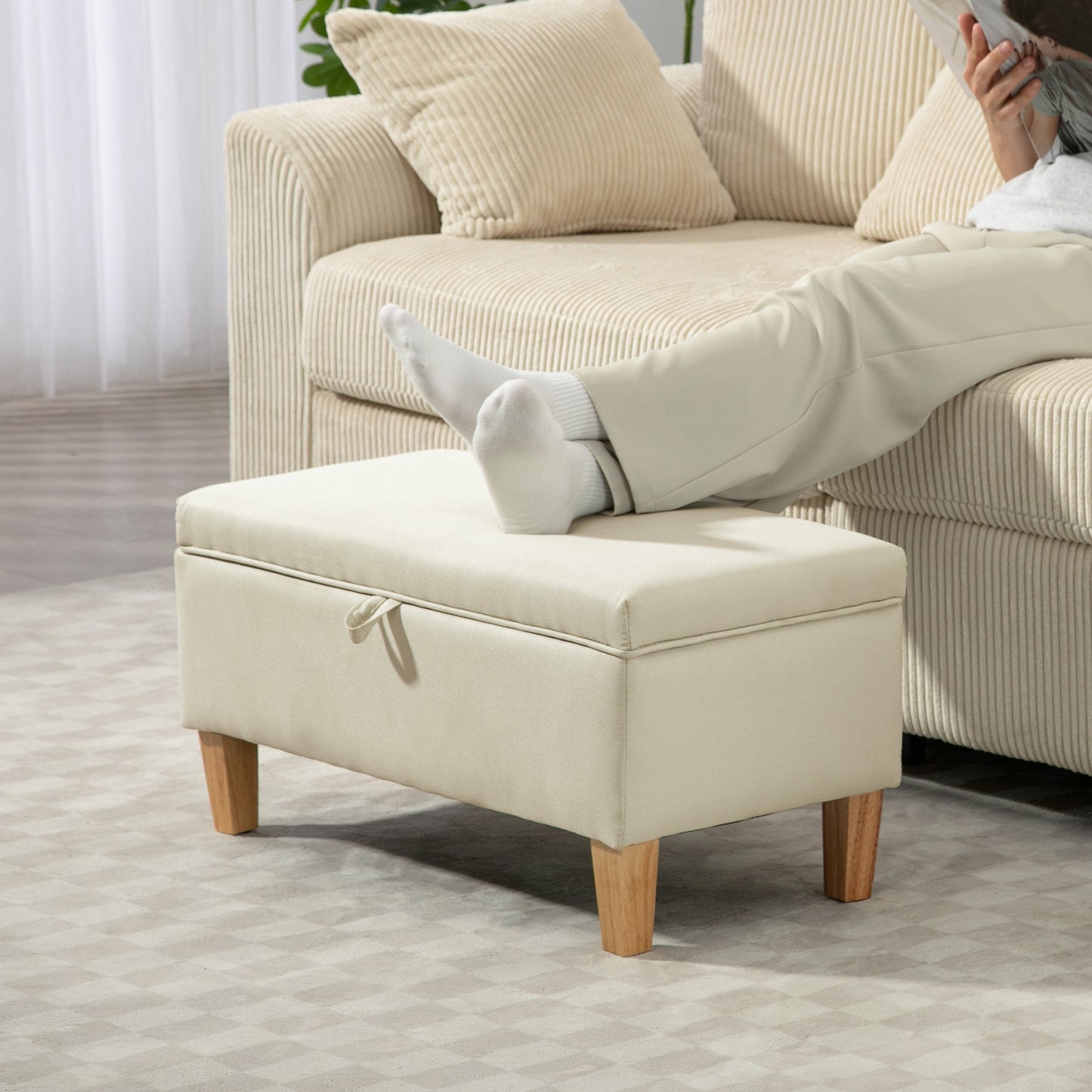 HOMCOM 30L Linen Storage Ottoman Padded Footstool With Rubberwood Legs Beige For Storage Box Bed End Shoe Bench Seating