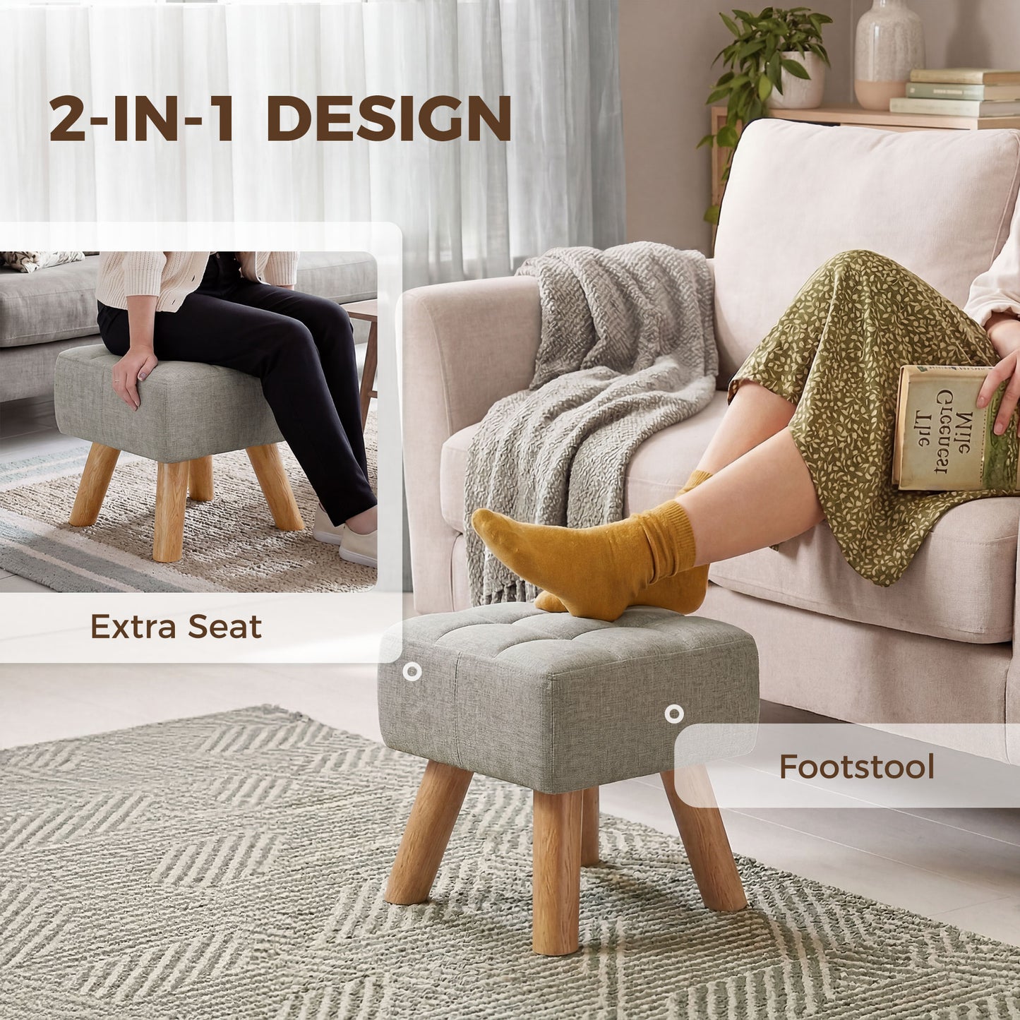 HOMCOM Linen Look Square Padded Footstool With Tufted Top And Wooden Legs Light Brown
