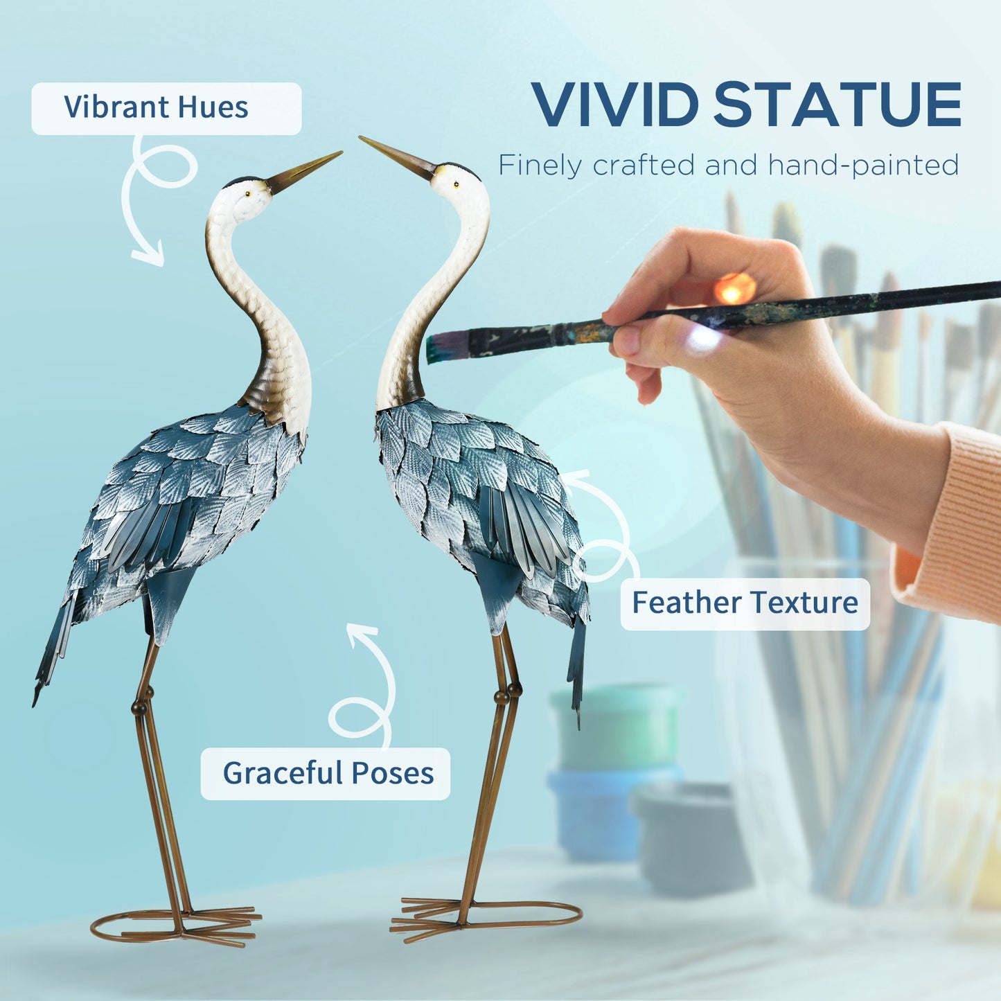 Outsunny Crane Garden Ornaments 2 Piece Steel Statue Set Water And Rust Resistant For Patio Pond Multi Colour