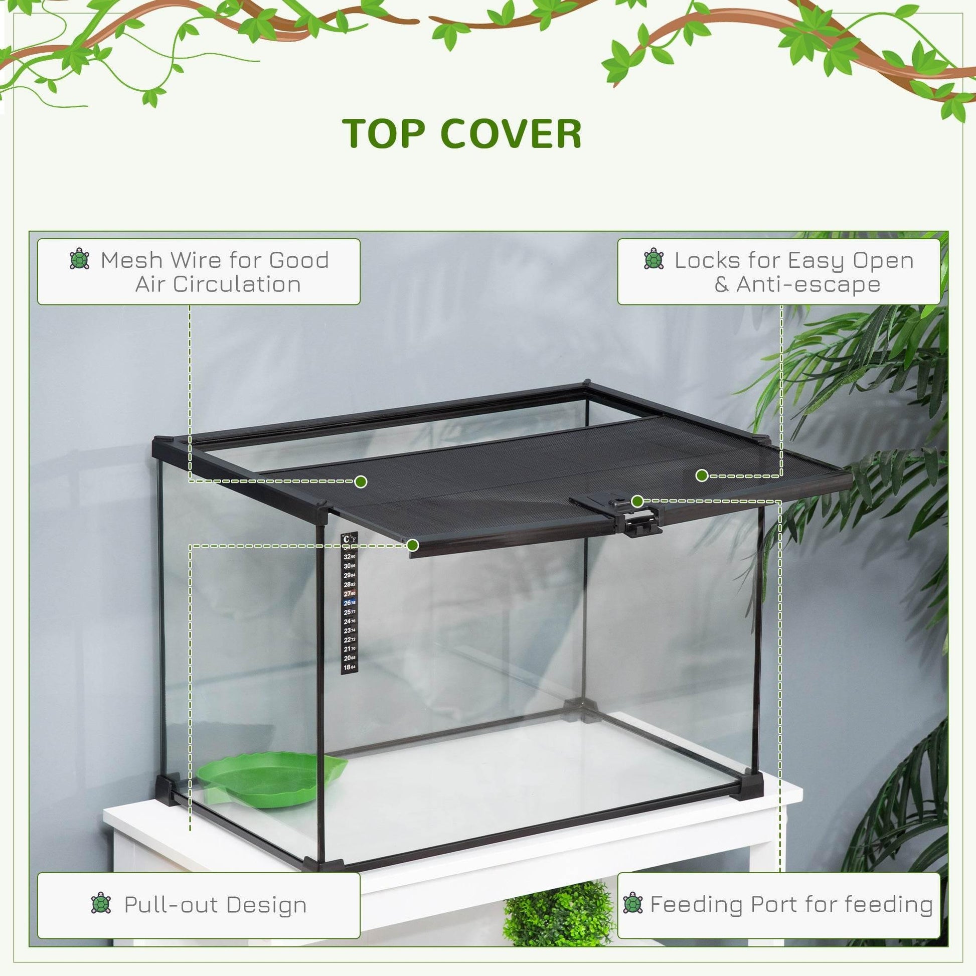 PawHut 50 x 30 x 35 cm Glass Reptile Habitat with Thermometer, Versatile Breeding Tank for Lizards, Frogs, and Snakes - Black - ALL4U RETAILER LTD