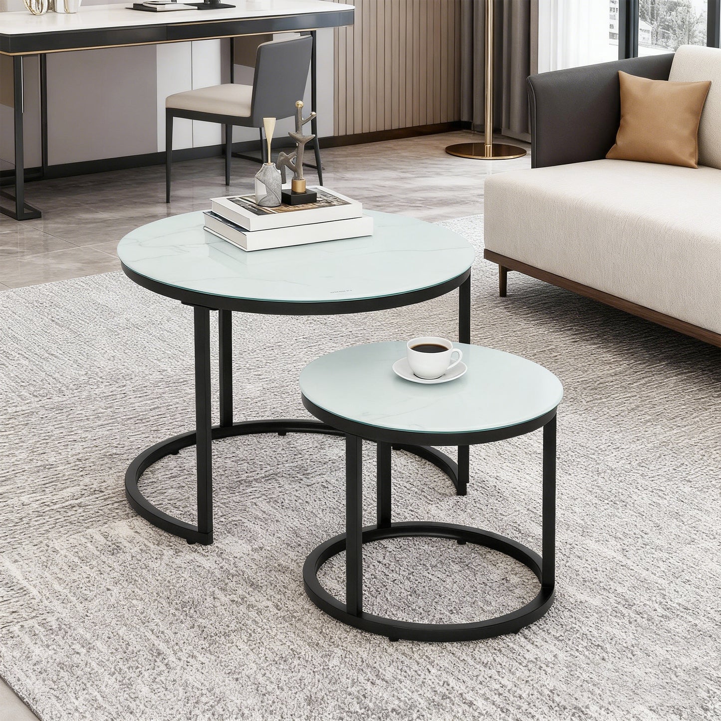 HOMCOM Glass Coffee Table Set Of 2 Nesting Tables With Marble Effect Tempered Glass Tabletops And White Steel Frame