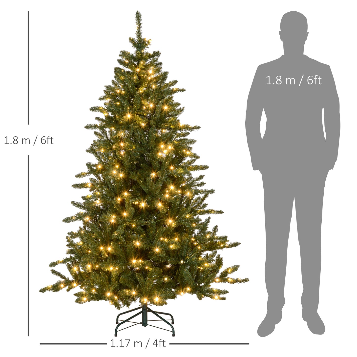 HOMCOM 6ft Prelit Artificial Christmas Tree with Warm White LEDs, 872 Tips & Metal Base - Festive Green Decor - ALL4U RETAILER LTD