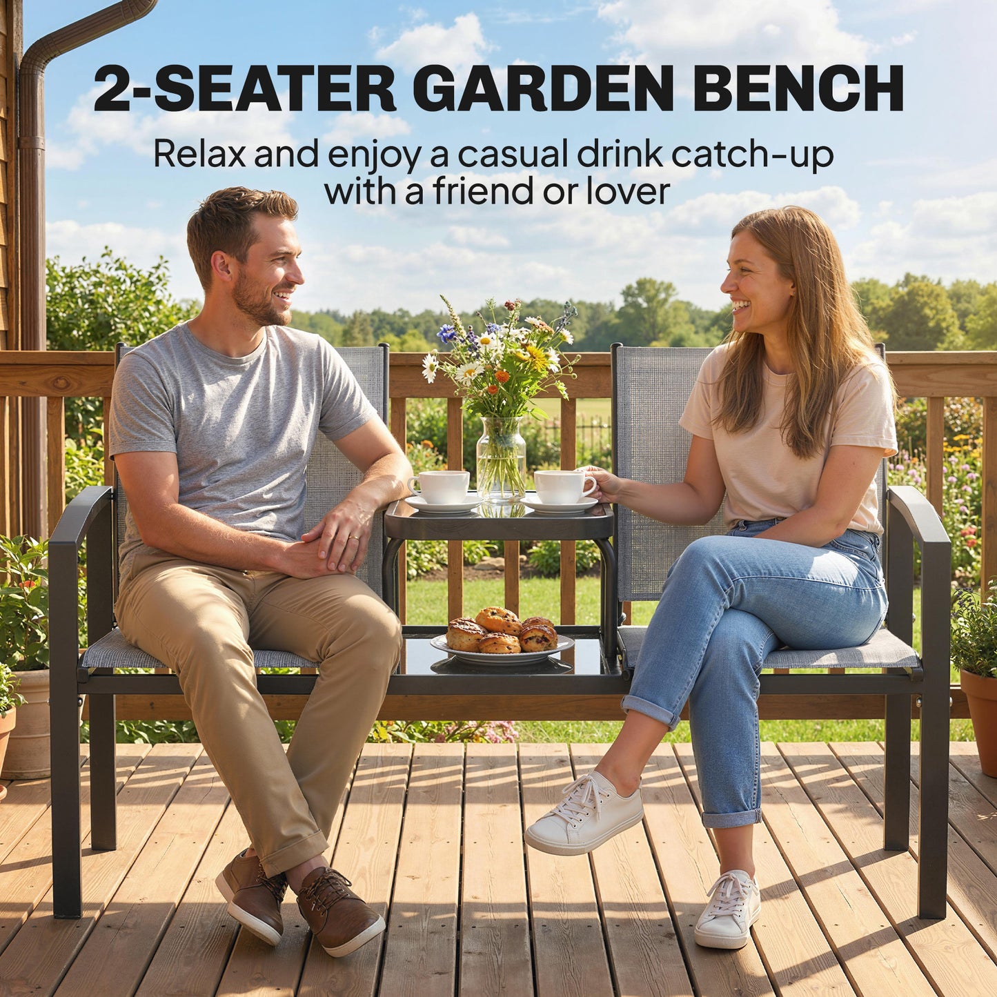 Outsunny Garden Love Seat 2 Seater Jack And Jill Loveseat With 2 Tier Glass Table Breathable Texteline Grey