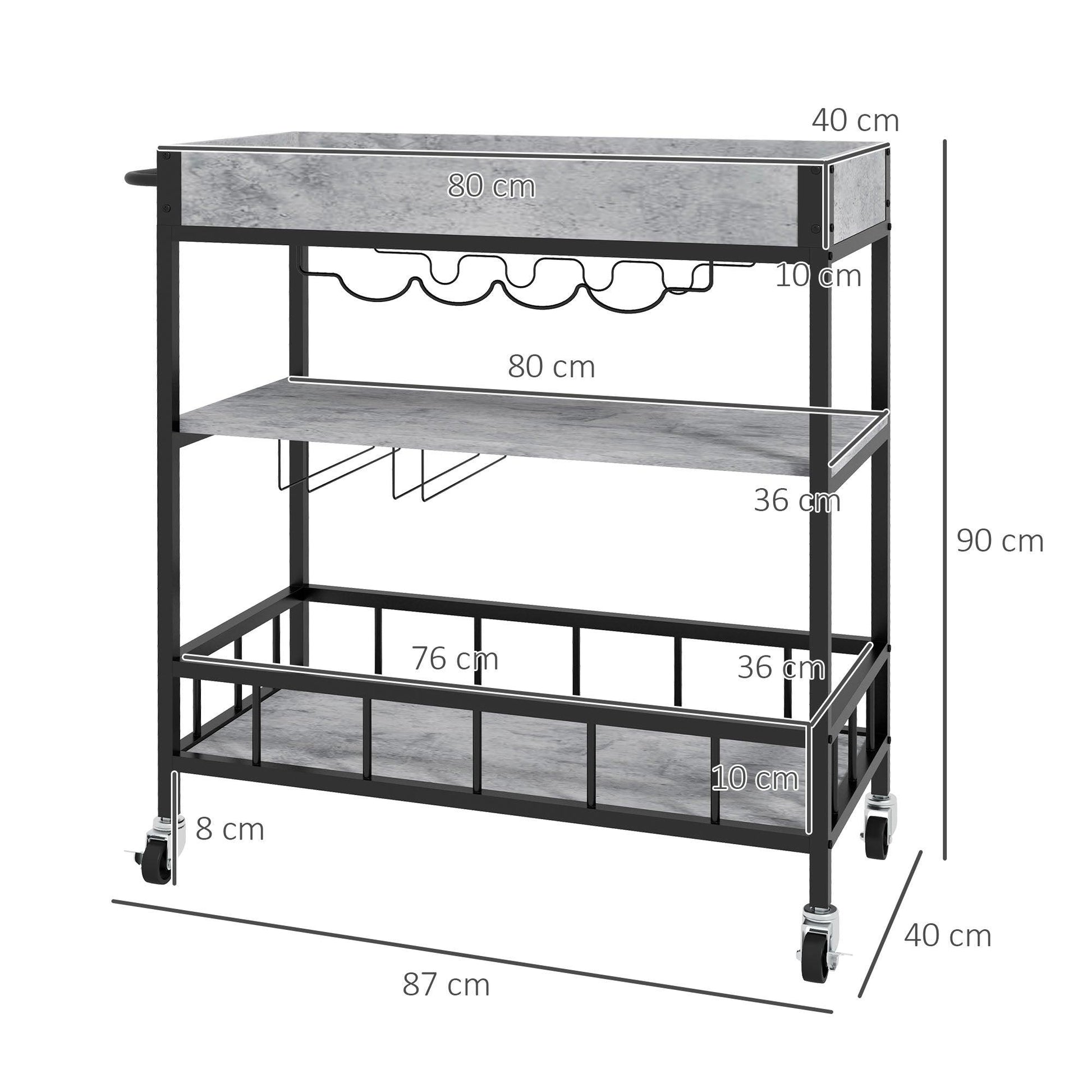 HOMCOM 3-Tier Kitchen Cart, Kitchen Island with Storage Shelves, Removable Tray, Wine Racks, Glass Holders, Faux Marbled Grey - ALL4U RETAILER LTD