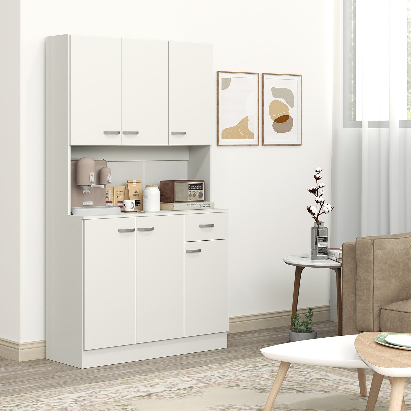 HOMCOM Freestanding Kitchen Pantry Storage Cabinet With Adjustable Shelves And Middle Worktop White