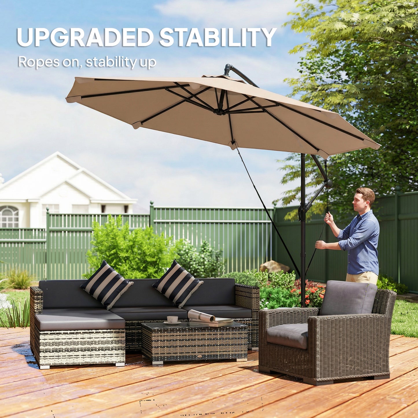 Outsunny 3 Meter Cantilever Banana Parasol With Crank Handle Protective Cover And Wind Ropes Khaki
