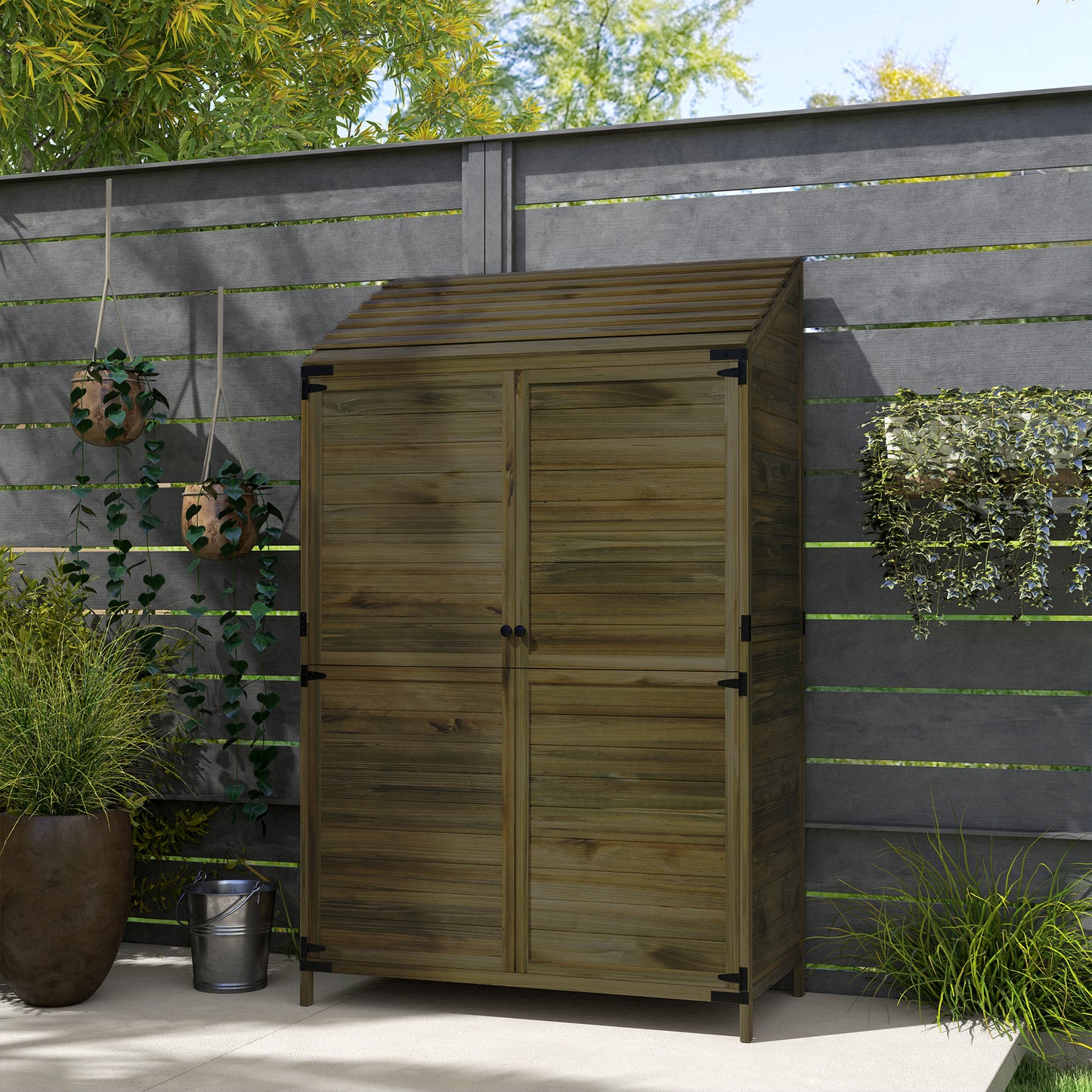 Outsunny Wooden Garden Shed 103.5 X 59 Cm Brown For Tools And Boots With Upper And Lower Shelves