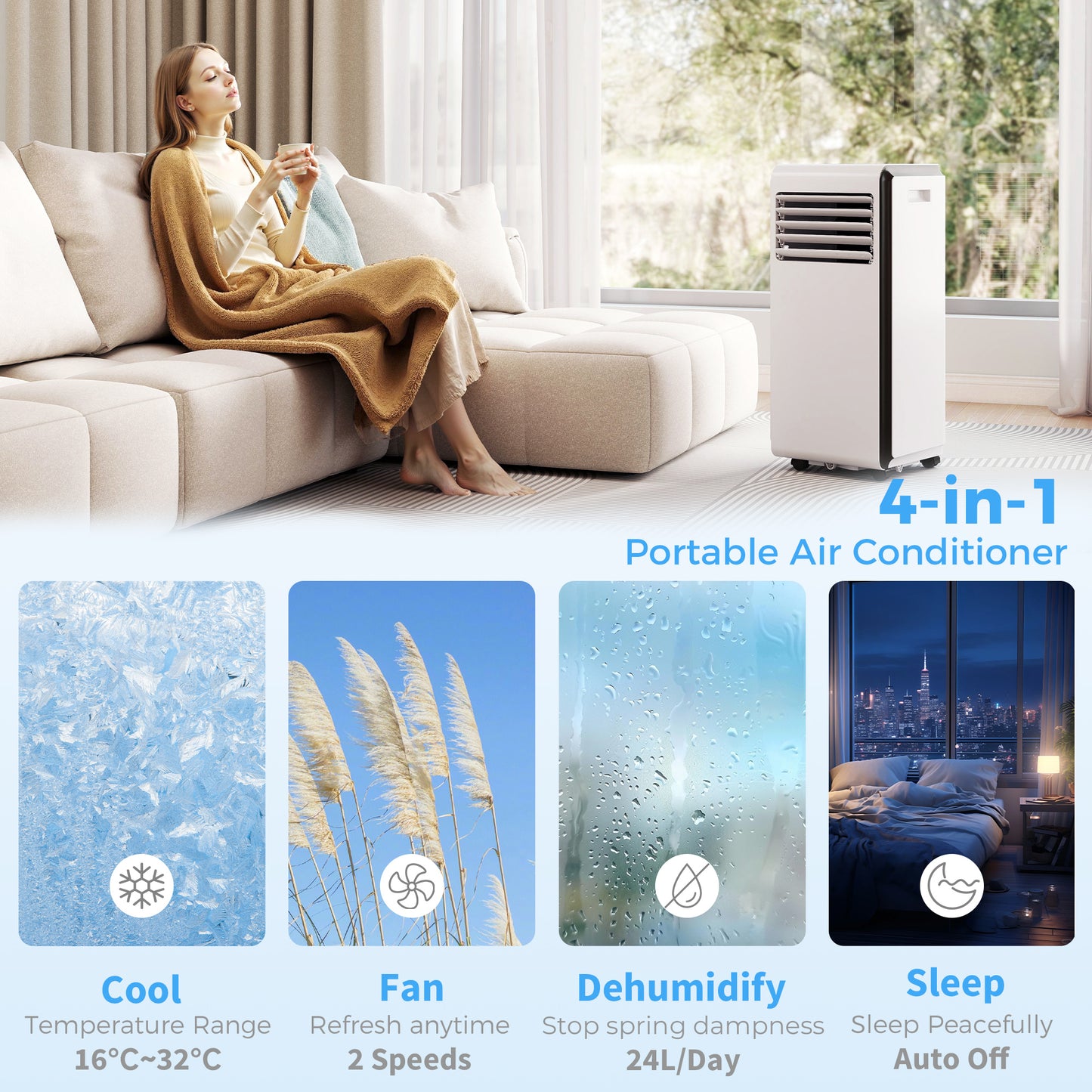 HOMCOM Portable Air Conditioner 9000 BTU Four In One Cooling Dehumidifier And Fan Sleep Mode White