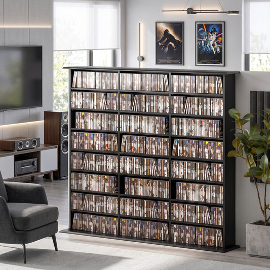 Black media storage unit with 24 compartments and adjustable shelves for DVDs and Blu-rays