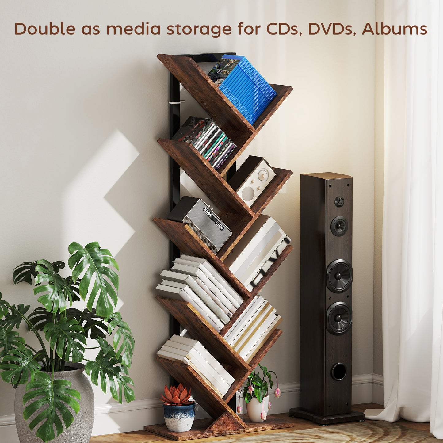 HOMCOM Eight-Section Tree Bookcase With Steel Frame In Wood-Effect Finish Multi-Tier Magazine And Book Storage Shelf