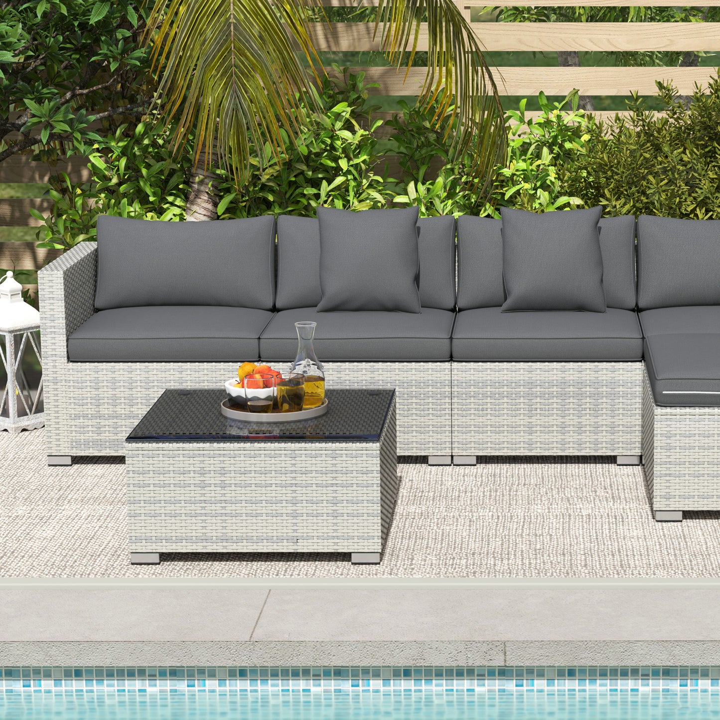 Outsunny 6 Piece Rattan Corner Sofa Set Outdoor With Metal Frame And PE Rattan Glass Top Coffee Table Mixed Grey