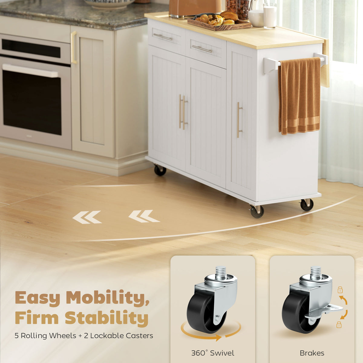 White rolling kitchen island cart on casters with 360° swivel wheels and brakes
