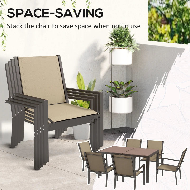 Outsunny 7-Piece Garden Dining Set - Wood-Plastic Composite Dining Table, 6 Stackable Armchairs with Breathable Mesh Fabric Seats and Backrest - Outdoor Patio Furniture in Khaki - ALL4U RETAILER LTD