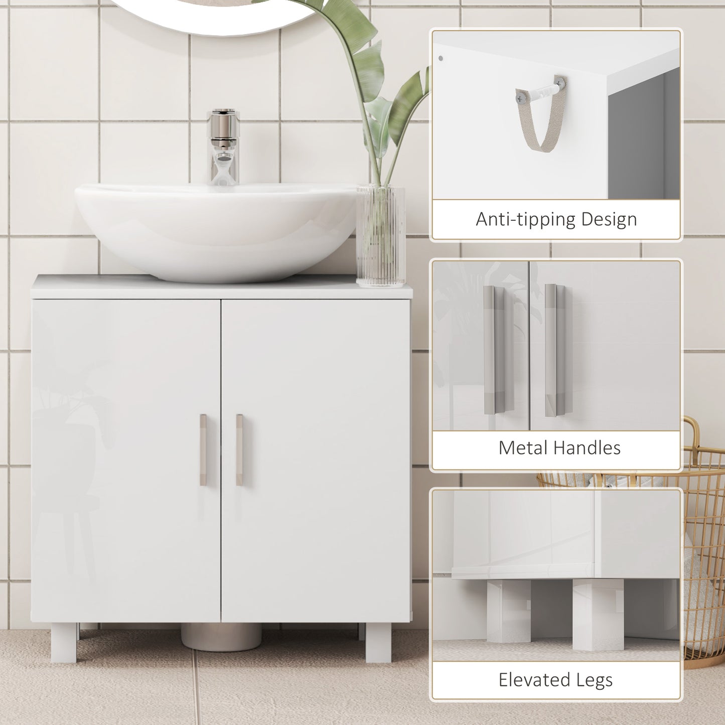 HOMCOM Under Sink Cabinet For Bathroom Basin Or Pedestal High Gloss White With Middle Shelf