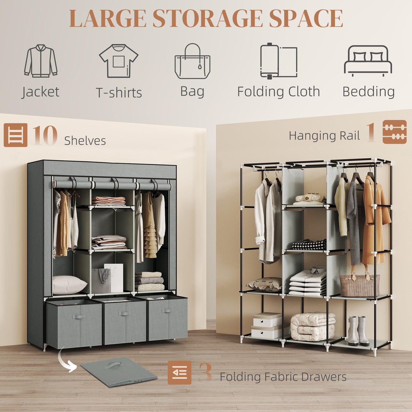 HOMCOM Foldable Fabric Wardrobe For Bedroom Portable Wardrobe 5 Shelves 2 Hanging Rails 3 Fabric Drawers Light Grey