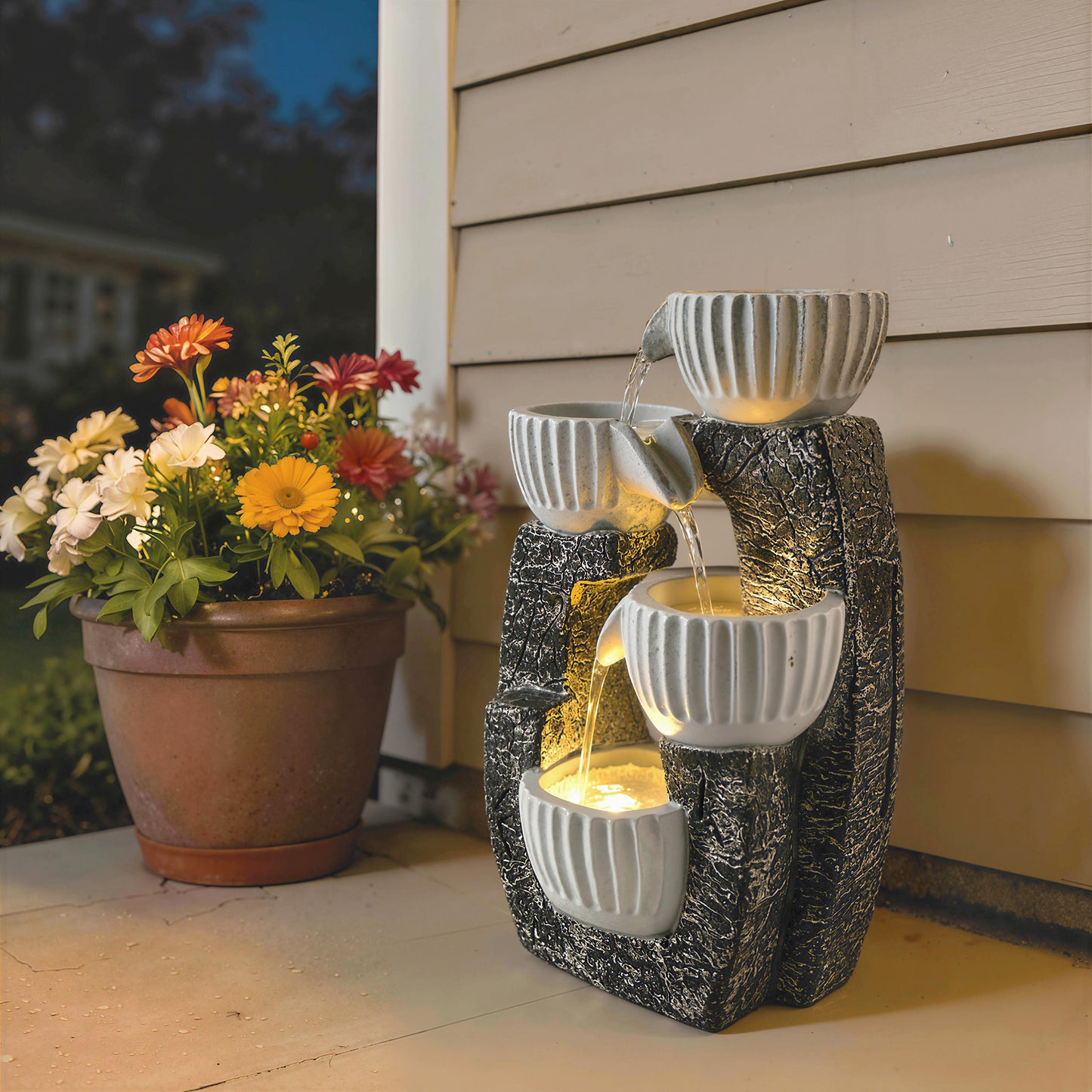 Outsunny 4 Tier Bowl Water Feature Indoor Outdoor Garden Fountain with Pump LED Lights Resin Cascading Waterfall