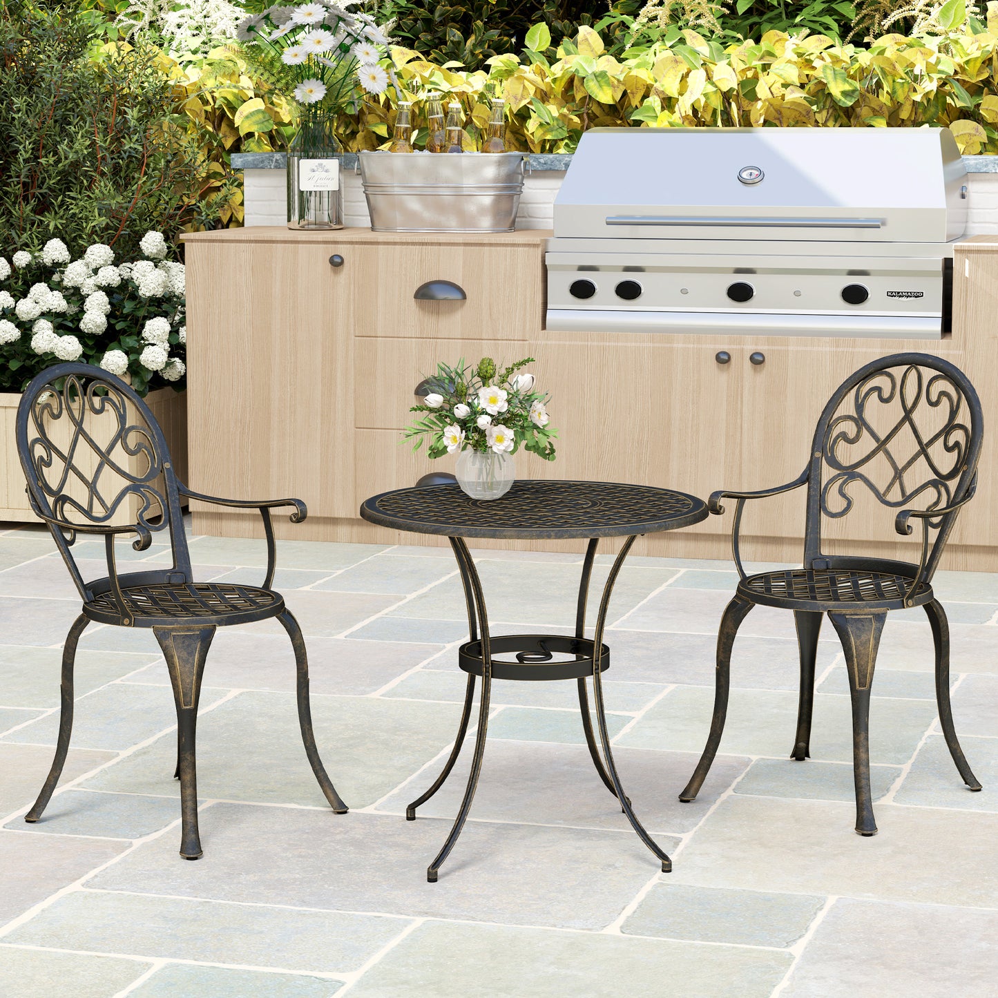 Outsunny Three Piece Aluminium Garden Bistro Set with Round Table and Two Chairs Bronze Tone Outdoor Furniture