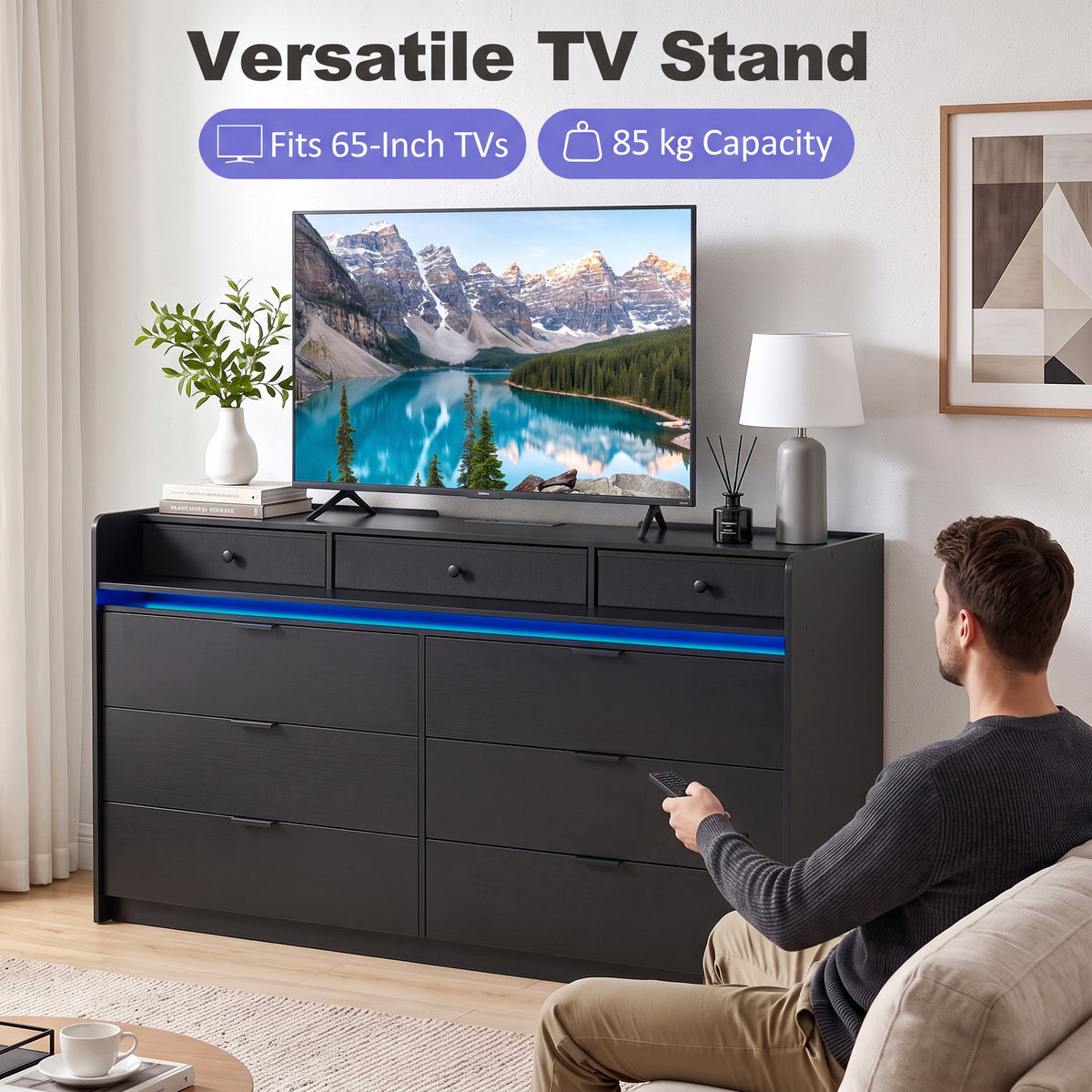 Black TV stand with blue LED strip and lower cabinet drawers