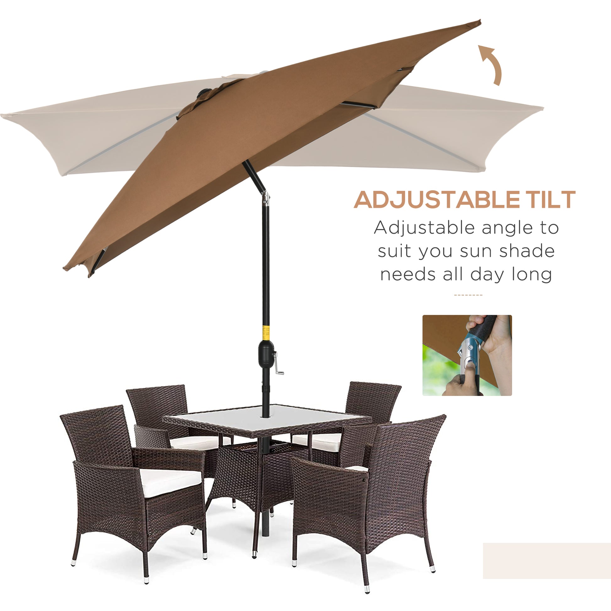 Outsunny Rectangular Brown Outdoor Garden Parasol Umbrella with Tilt and Crank - 3x2m Aluminium Frame - ALL4U RETAILER LTD