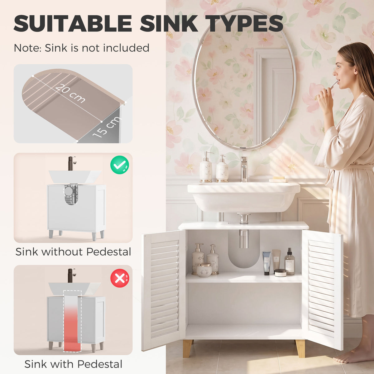 White under-sink bathroom cabinet with louvered doors and adjustable shelf, open corner view
