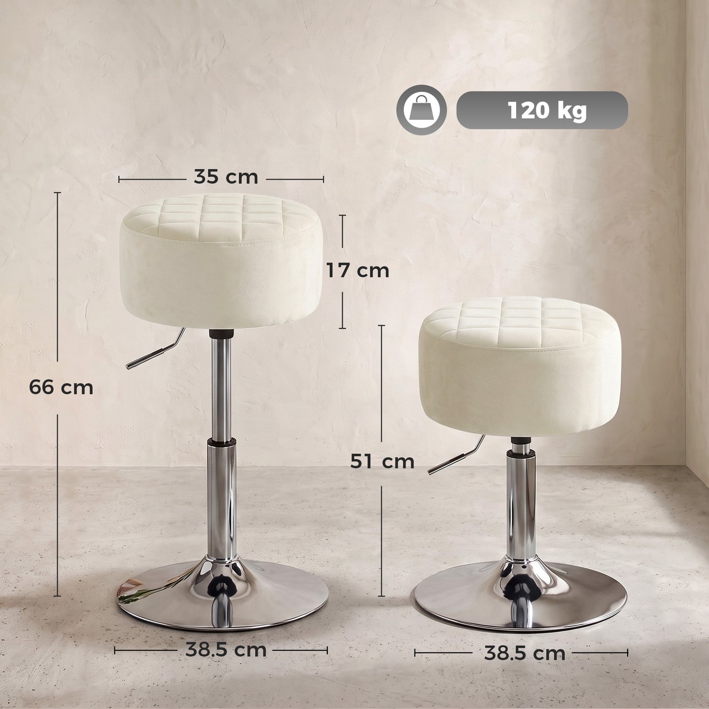 Homcom Adjustable Height Bar Stool Swivel Velvet Seat Kitchen Beige
