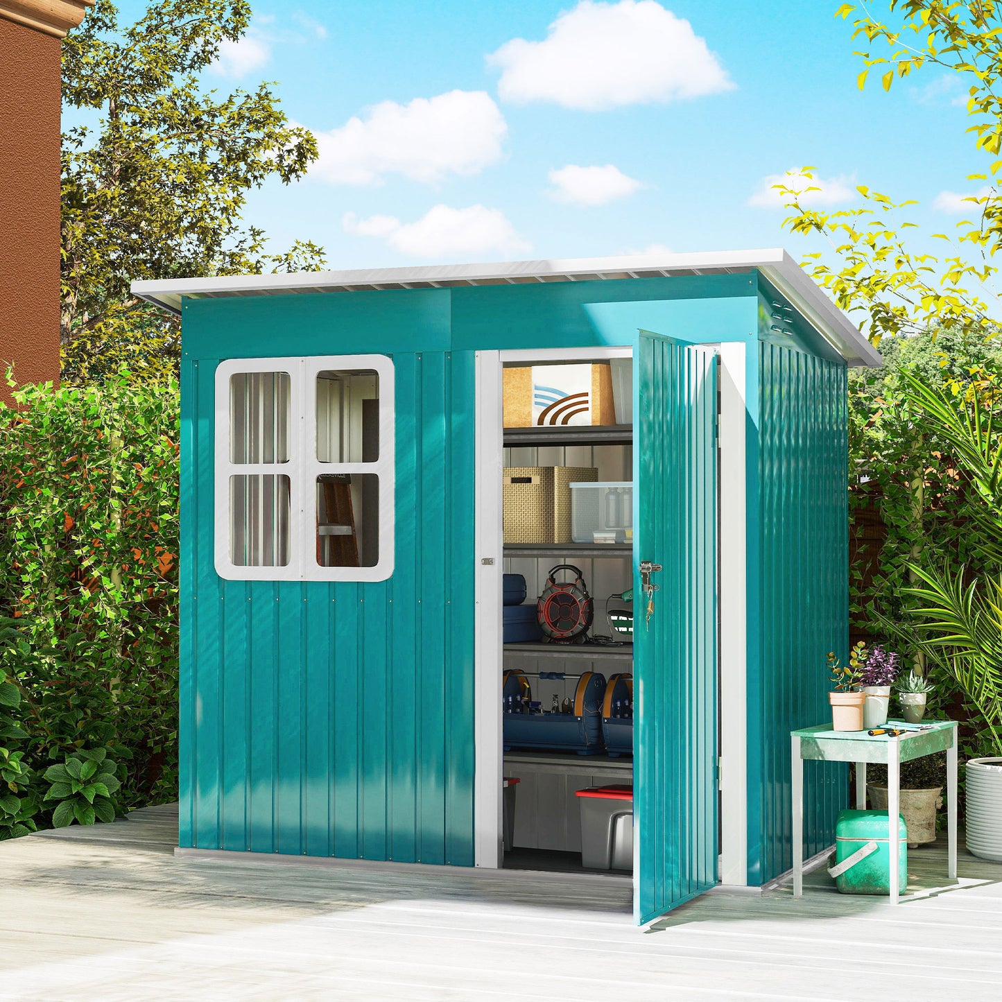 Outsunny 7 X 4Ft Galvanised Steel Garden Shed With Lock Gloves And Foundation Kit Green