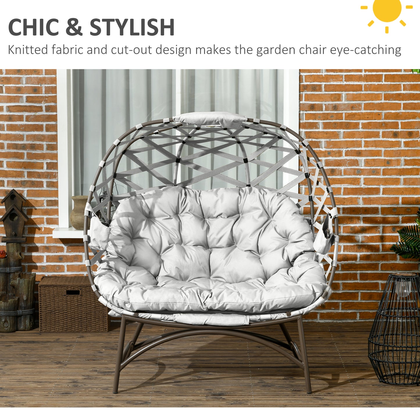 Outsunny 2 Seater Egg Chair Outdoor Folding Weave Garden Furniture With Cushion Cup Pockets Light Grey