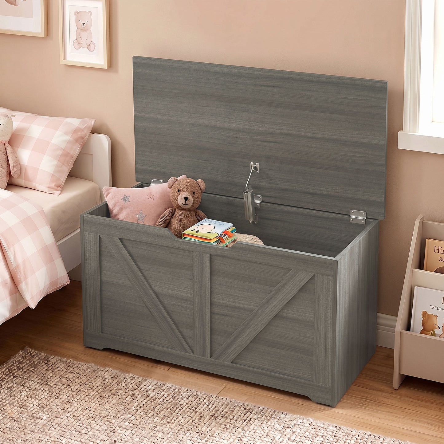 HOMCOM 100L Storage Trunk With Safety Hinge Flat Lid For Seating Dark Grey Wood Effect