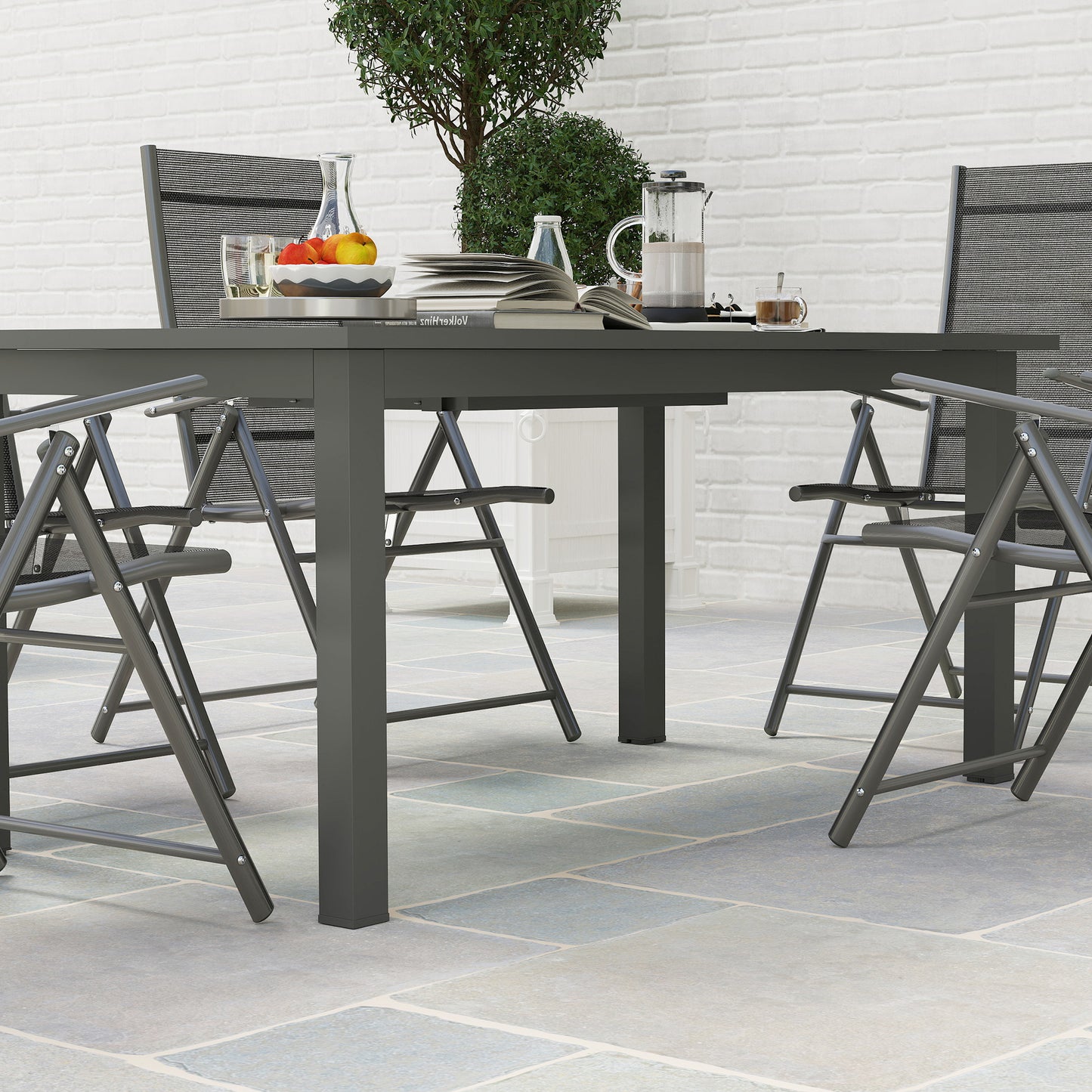 Outsunny Aluminium Extending Garden Table With Slatted Top And Butterfly Leaf For Six To Eight People Grey