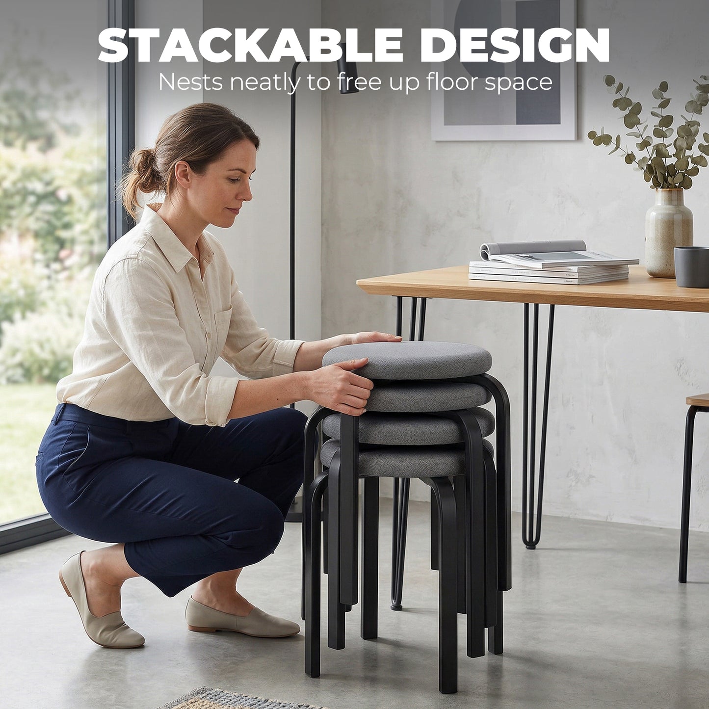 HOMCOM Stackable Cushioned Round Backless Stools Set of 4 for Kitchen Dining Room in Dark Grey