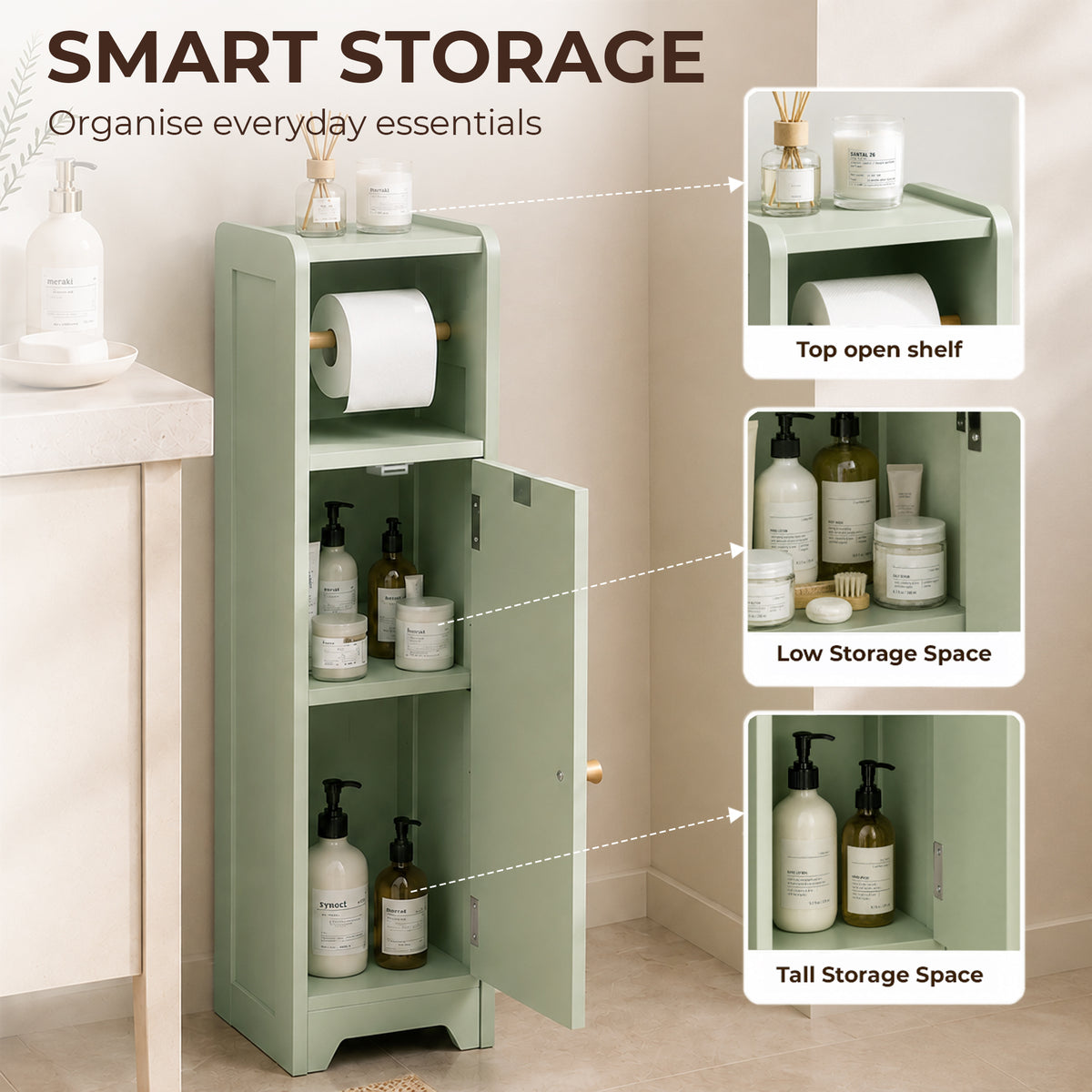 Light green bathroom storage cabinet with open shelves and built-in toilet roll holder
