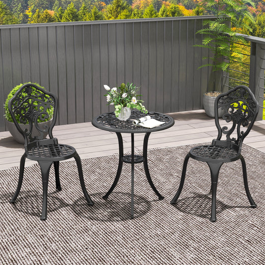 Outsunny Three Piece Aluminium Floral Bistro Set Black Outdoor Patio Furniture With Two Chairs And Table