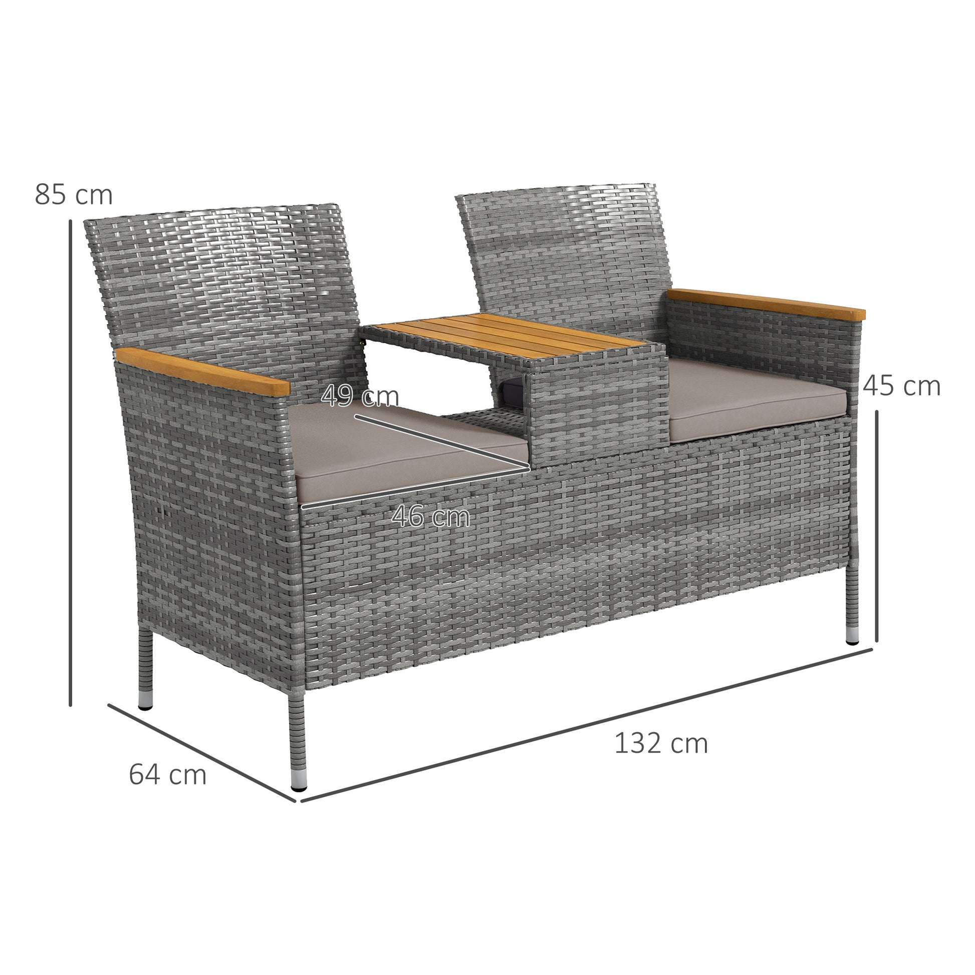 Outsunny Grey Rattan Loveseat with Acacia Wood Middle Table for Two - ALL4U RETAILER LTD